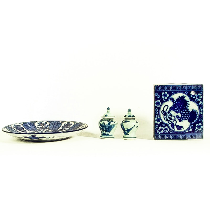 Collection of Vintage Asian Blue and White Ceramic Decorative Items