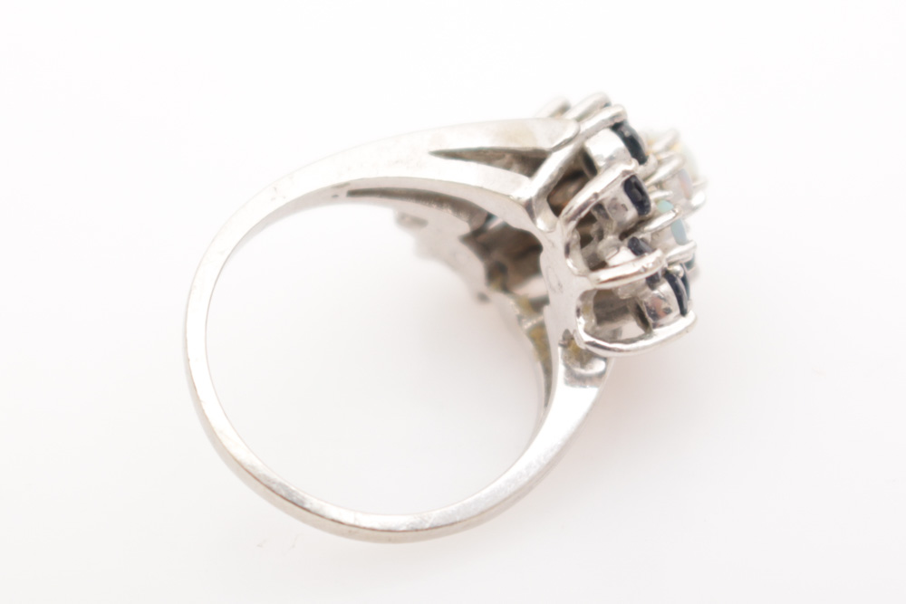 10K White Gold, Opal and Sapphire Ring