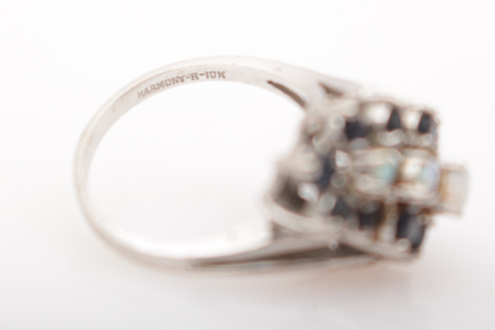 10K White Gold, Opal and Sapphire Ring