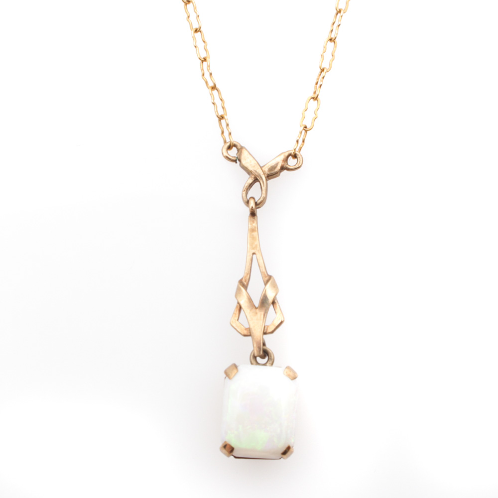 14K Yellow Gold Chain With 9K Yellow Gold and Opal Pendant