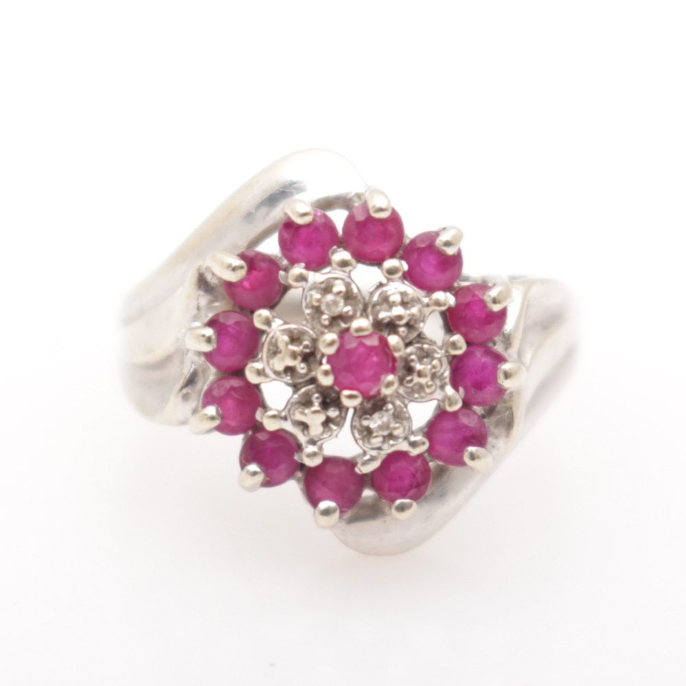 10K White Gold Diamond and Ruby Ring