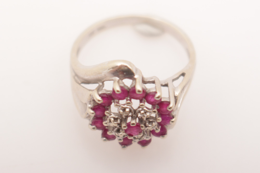 10K White Gold Diamond and Ruby Ring