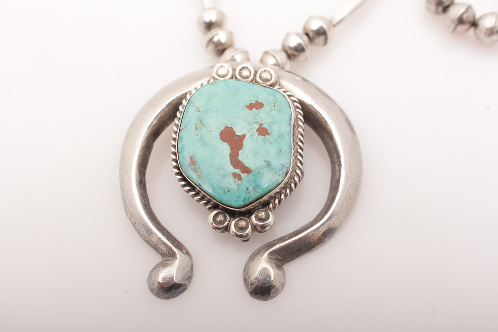 Vintage Sterling Silver and Turquoise Squash Blossom Necklace