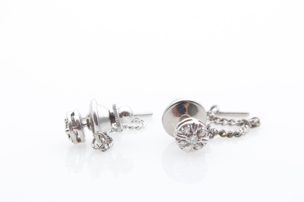 14K White Gold and Diamond Tie Tacks