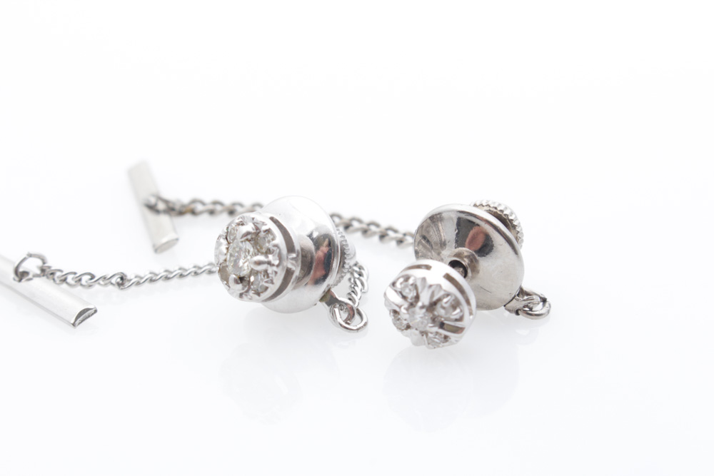 14K White Gold and Diamond Tie Tacks