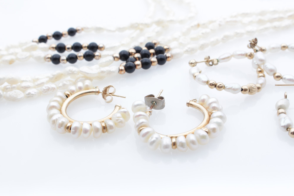 14K Yellow Gold and Freshwater Pearl Earrings with Pearl and Onyx Necklace