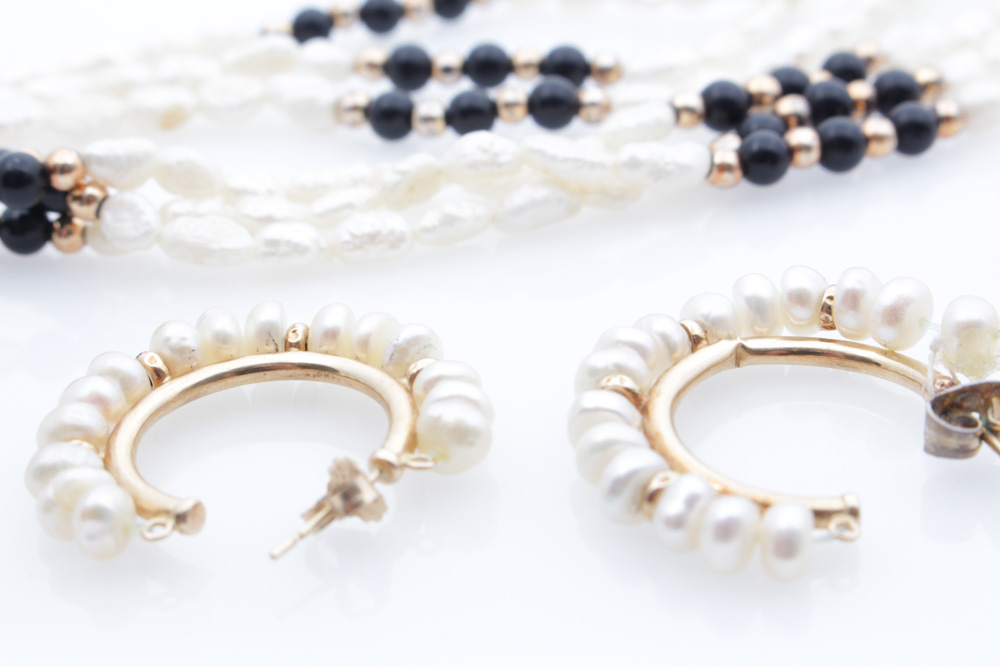 14K Yellow Gold and Freshwater Pearl Earrings with Pearl and Onyx Necklace