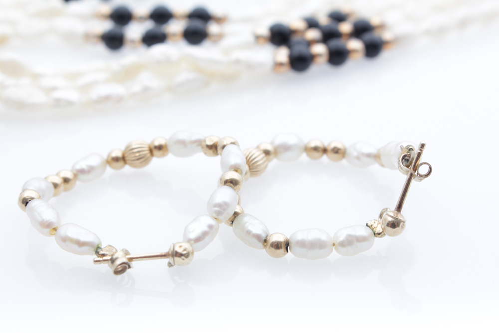 14K Yellow Gold and Freshwater Pearl Earrings with Pearl and Onyx Necklace