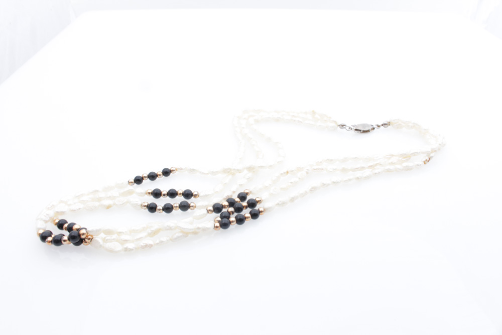 14K Yellow Gold and Freshwater Pearl Earrings with Pearl and Onyx Necklace