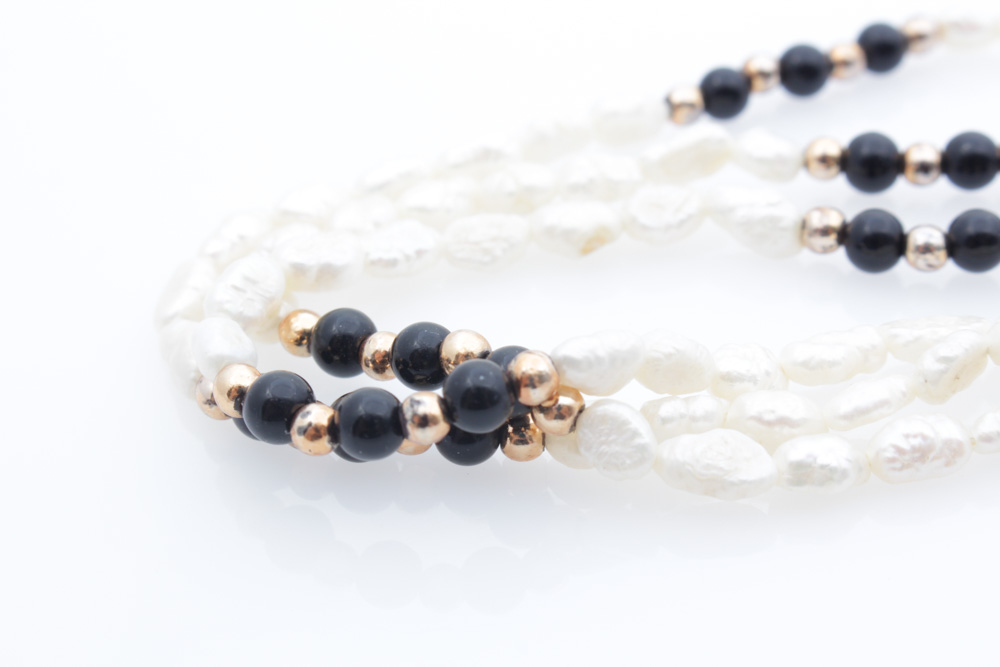 14K Yellow Gold and Freshwater Pearl Earrings with Pearl and Onyx Necklace