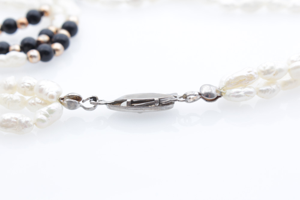 14K Yellow Gold and Freshwater Pearl Earrings with Pearl and Onyx Necklace