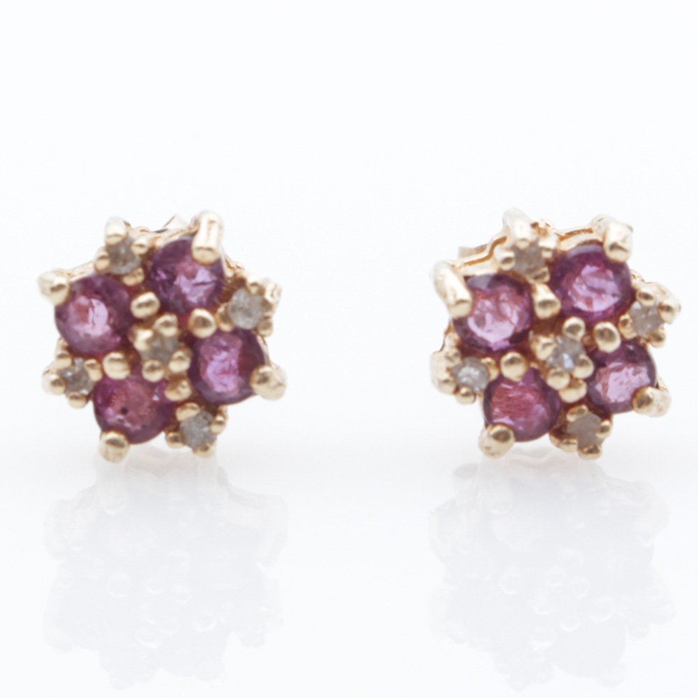 14K Yellow Gold, Natural Ruby and Diamond Earrings