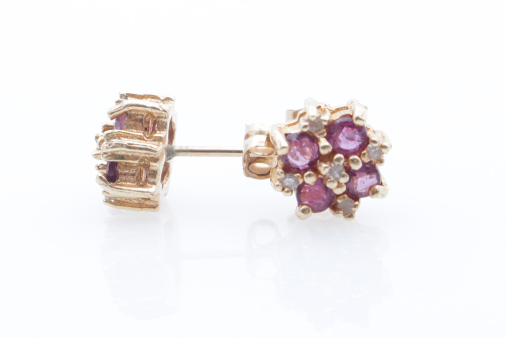 14K Yellow Gold, Natural Ruby and Diamond Earrings