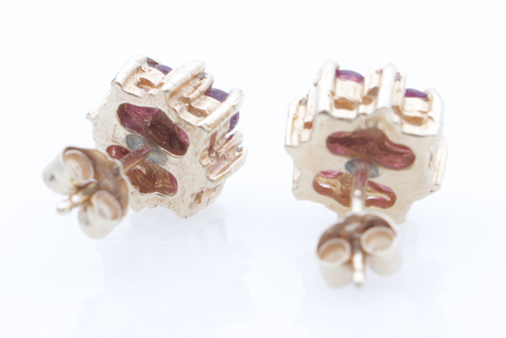 14K Yellow Gold, Natural Ruby and Diamond Earrings