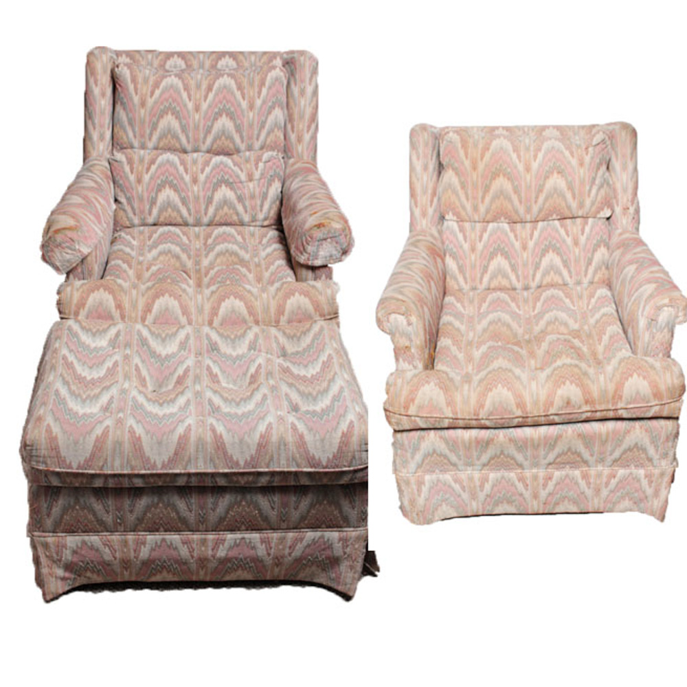 Vintage Lazarus Custom Upholstered Lounge Chairs and Ottoman