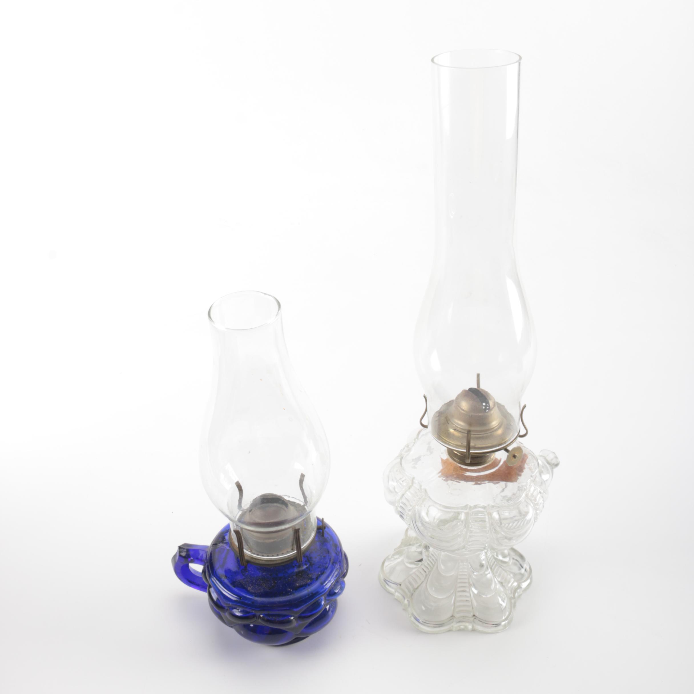 Kerosene Lamps Featuring Blue Cut Glass