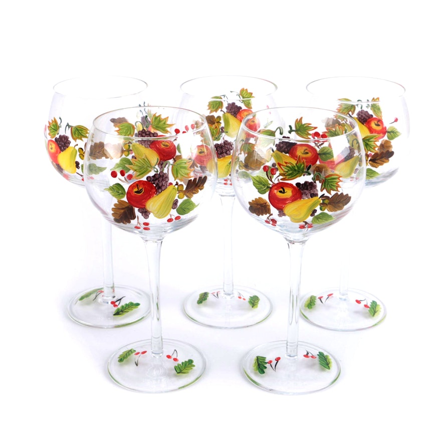 Red Wine Glasses With Painted Fruit Designs