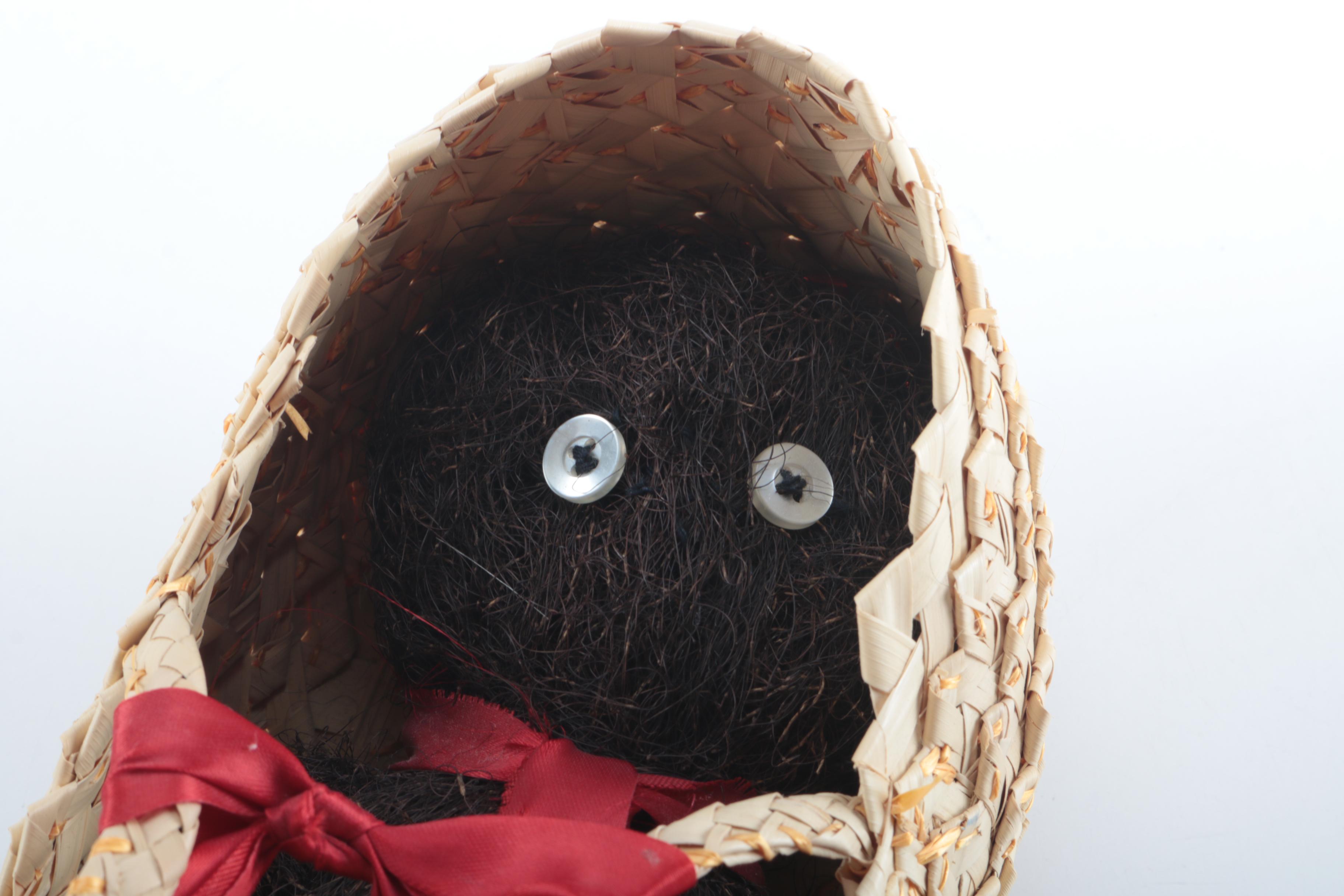 Home Made Doll From Hair with Wicker Basket