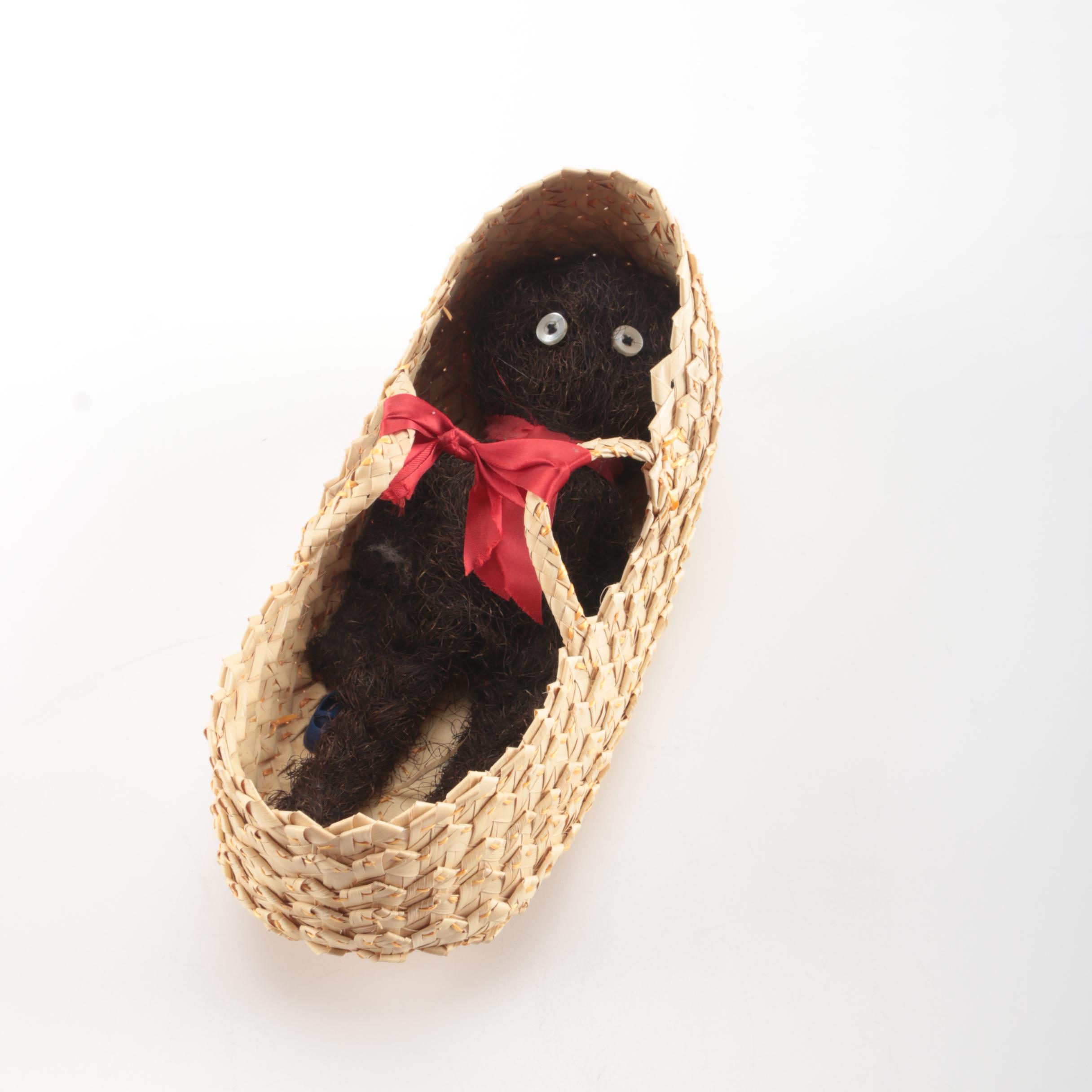 Home Made Doll From Hair with Wicker Basket