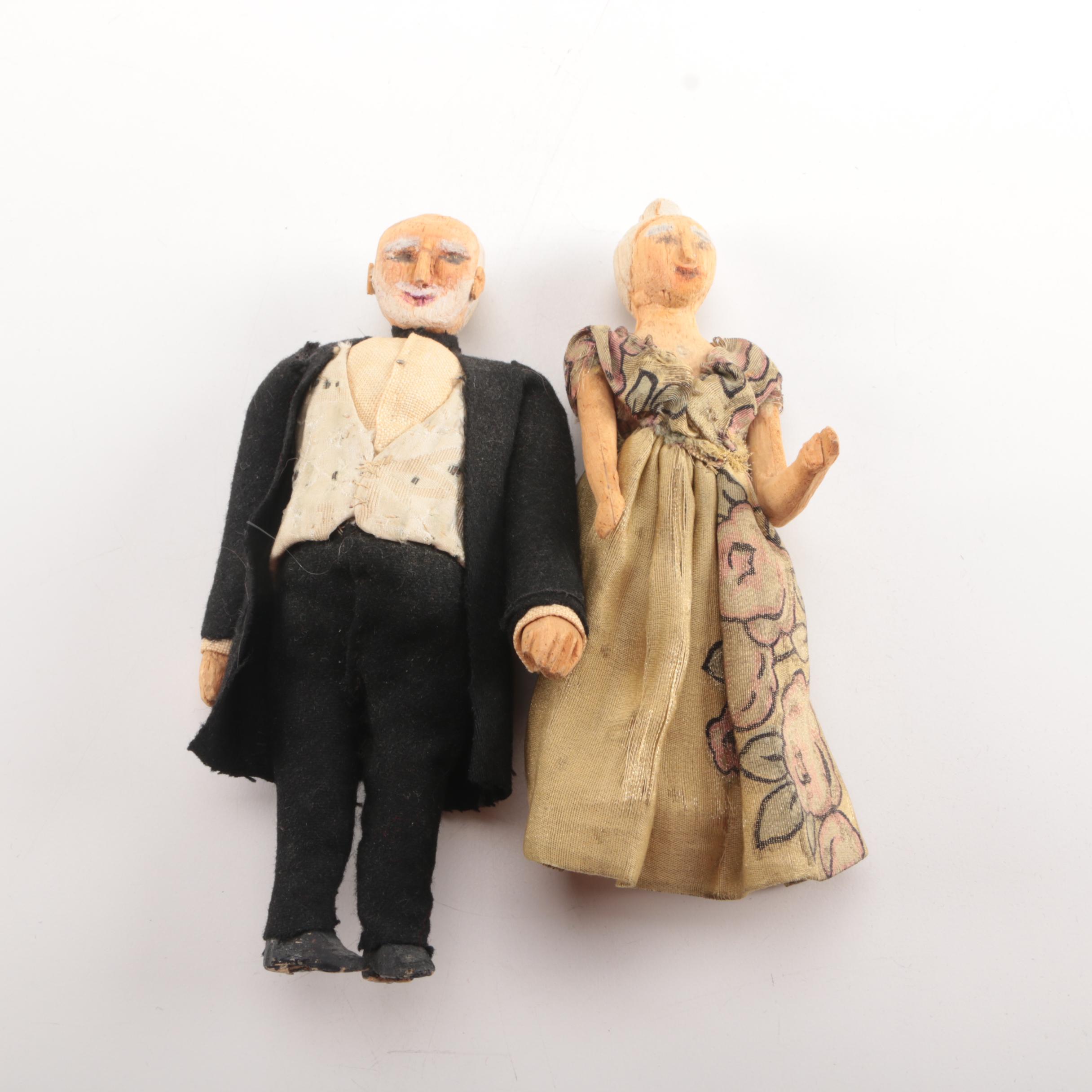 Vintage Carved Wooden Dolls Wearing Eveningwear