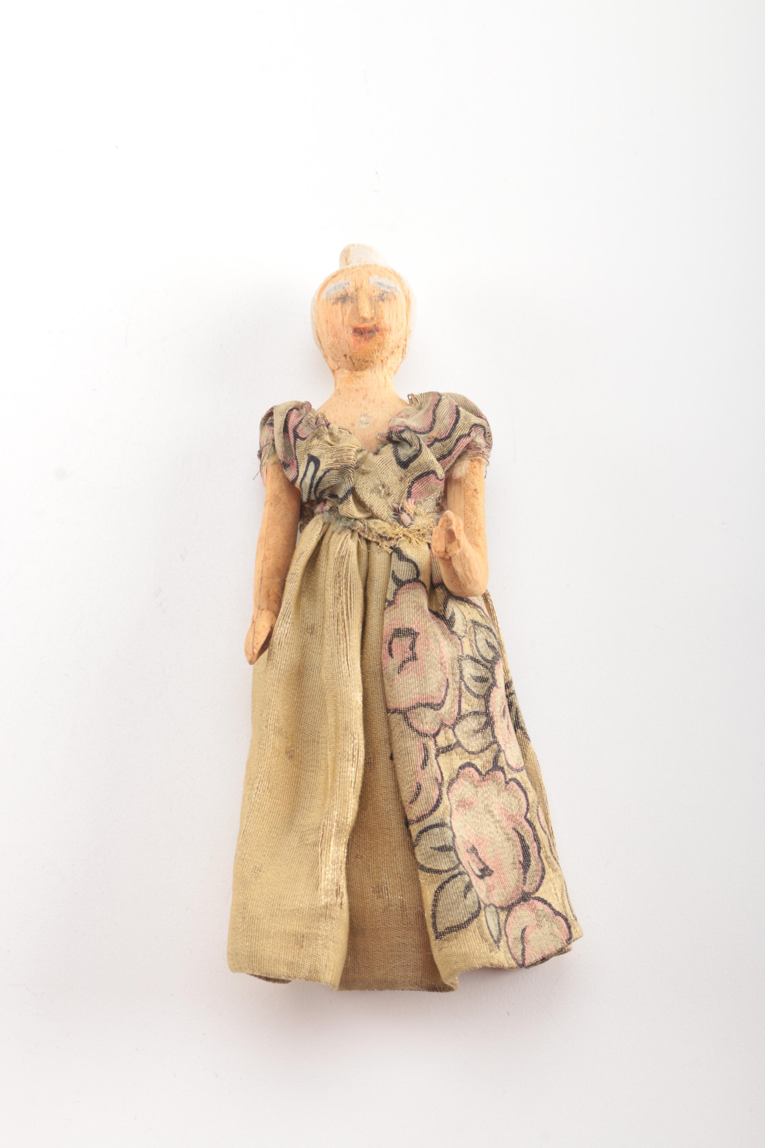 Vintage Carved Wooden Dolls Wearing Eveningwear