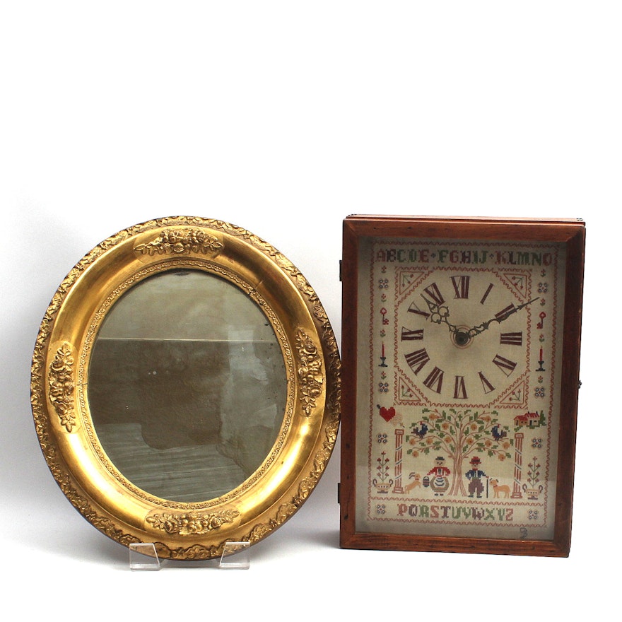 Vintage Mirror and American Sampler Clock