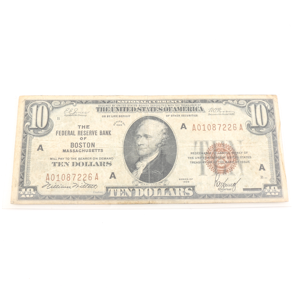 Group of Seven United States Currency Notes Including a Series of 1929 $10 National Currency Note