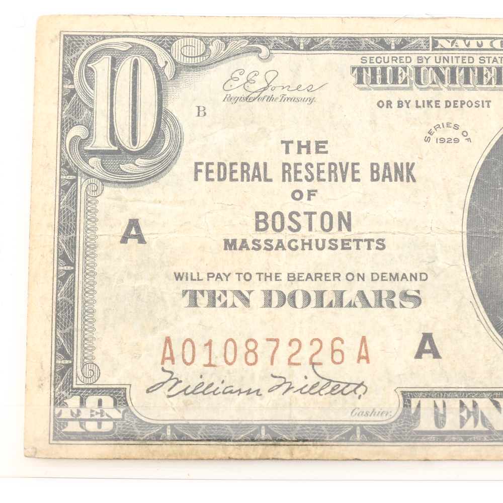 Group of Seven United States Currency Notes Including a Series of 1929 $10 National Currency Note