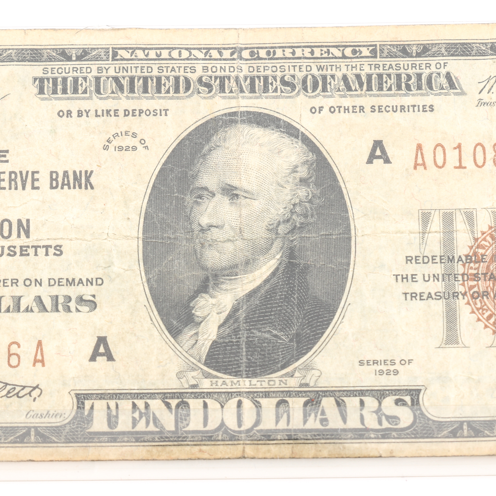 Group of Seven United States Currency Notes Including a Series of 1929 $10 National Currency Note