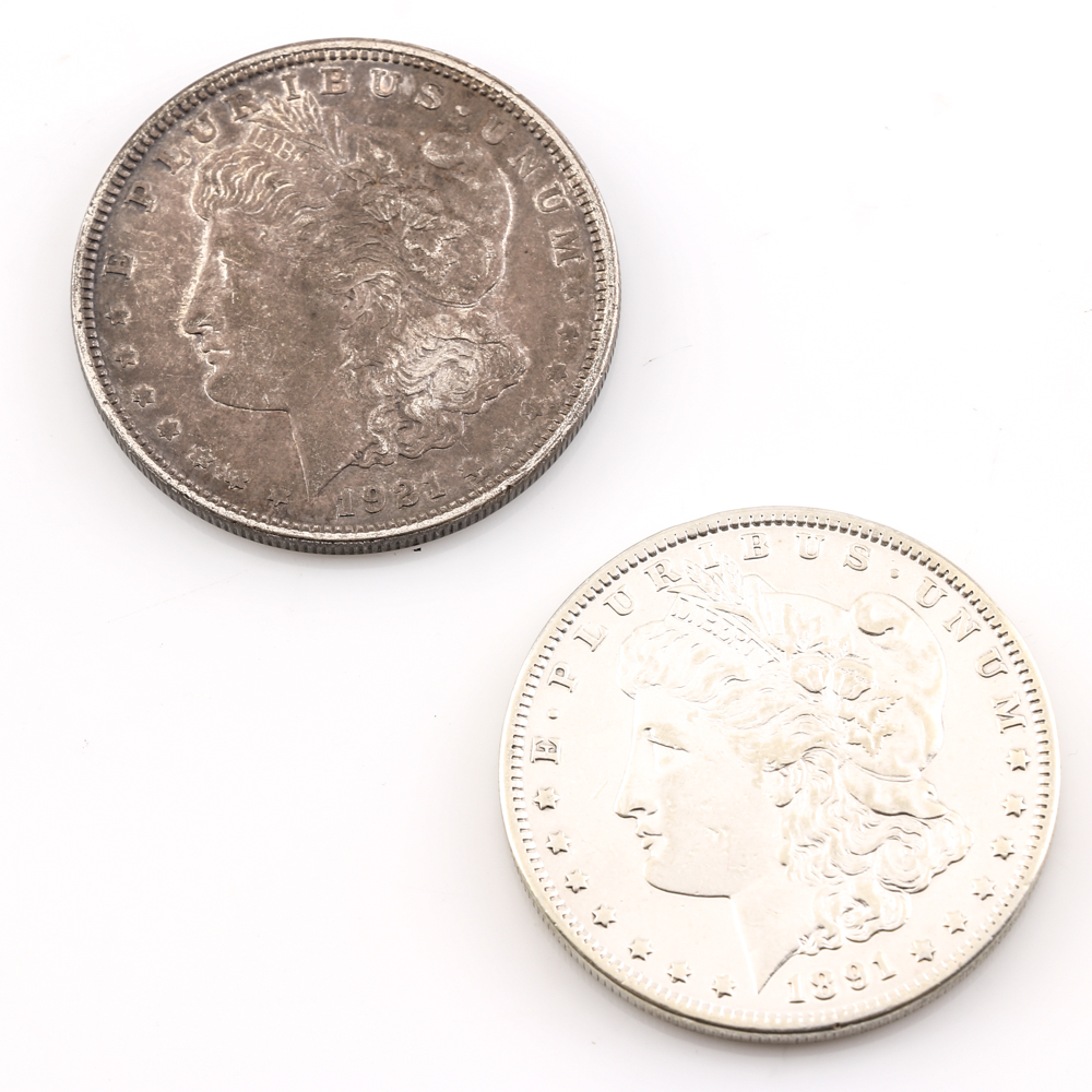 Group of Two Morgan Silver Dollars Including the Following: 1891 S and 1921 D