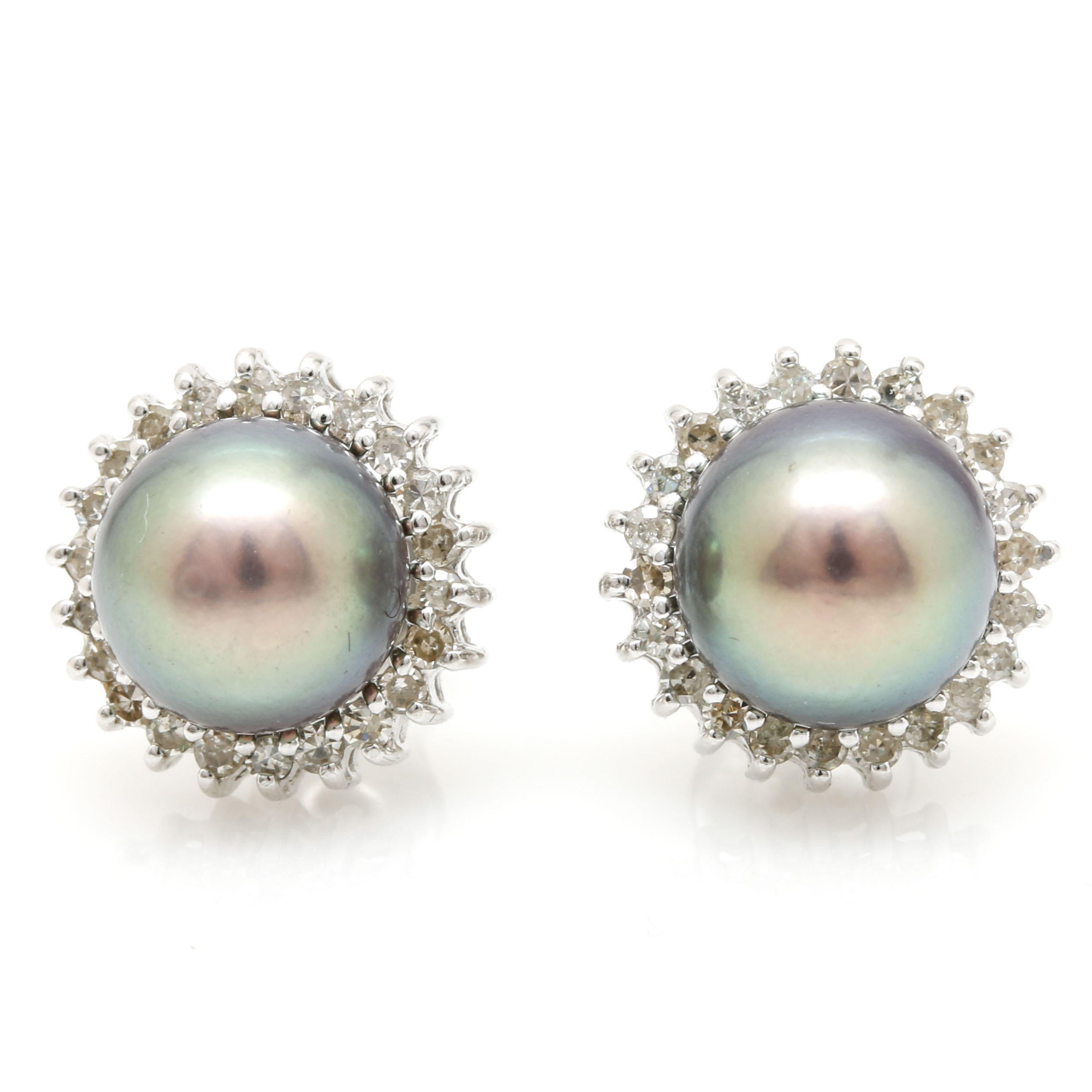 14K White Gold Pearl and Diamond Earrings