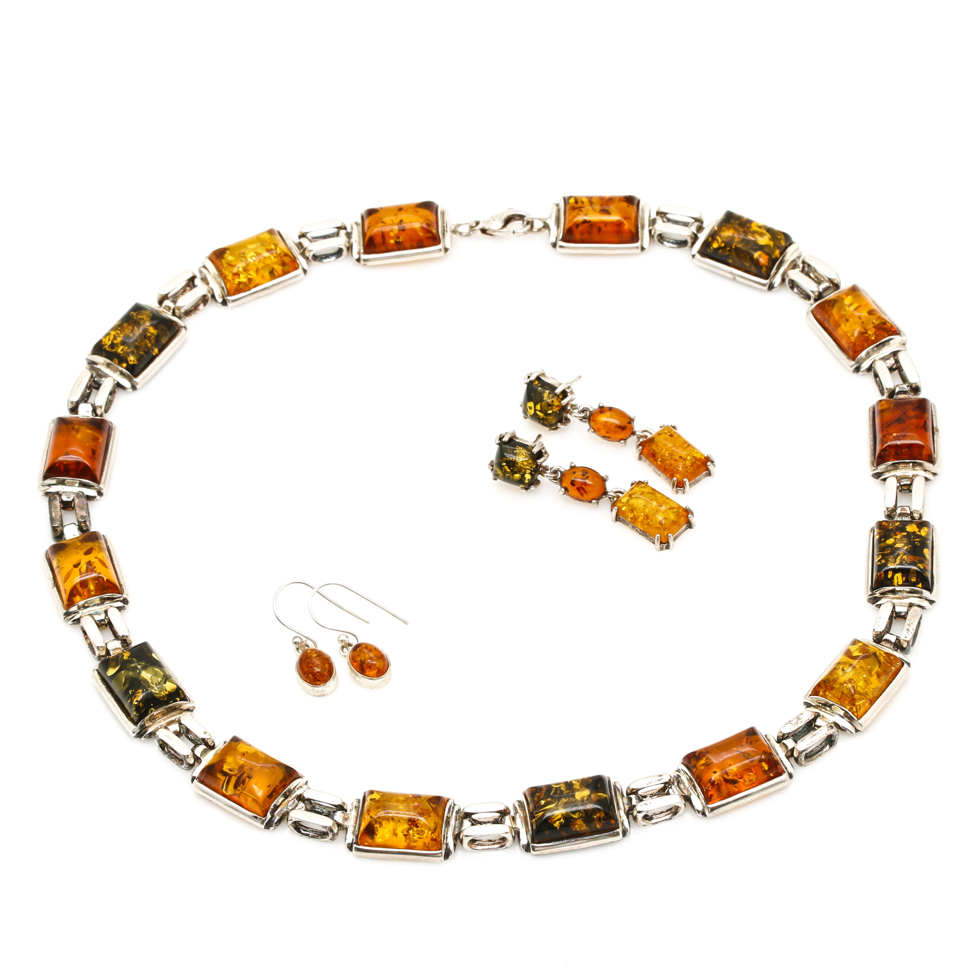 Sterling Silver Amber Necklace and Earrings