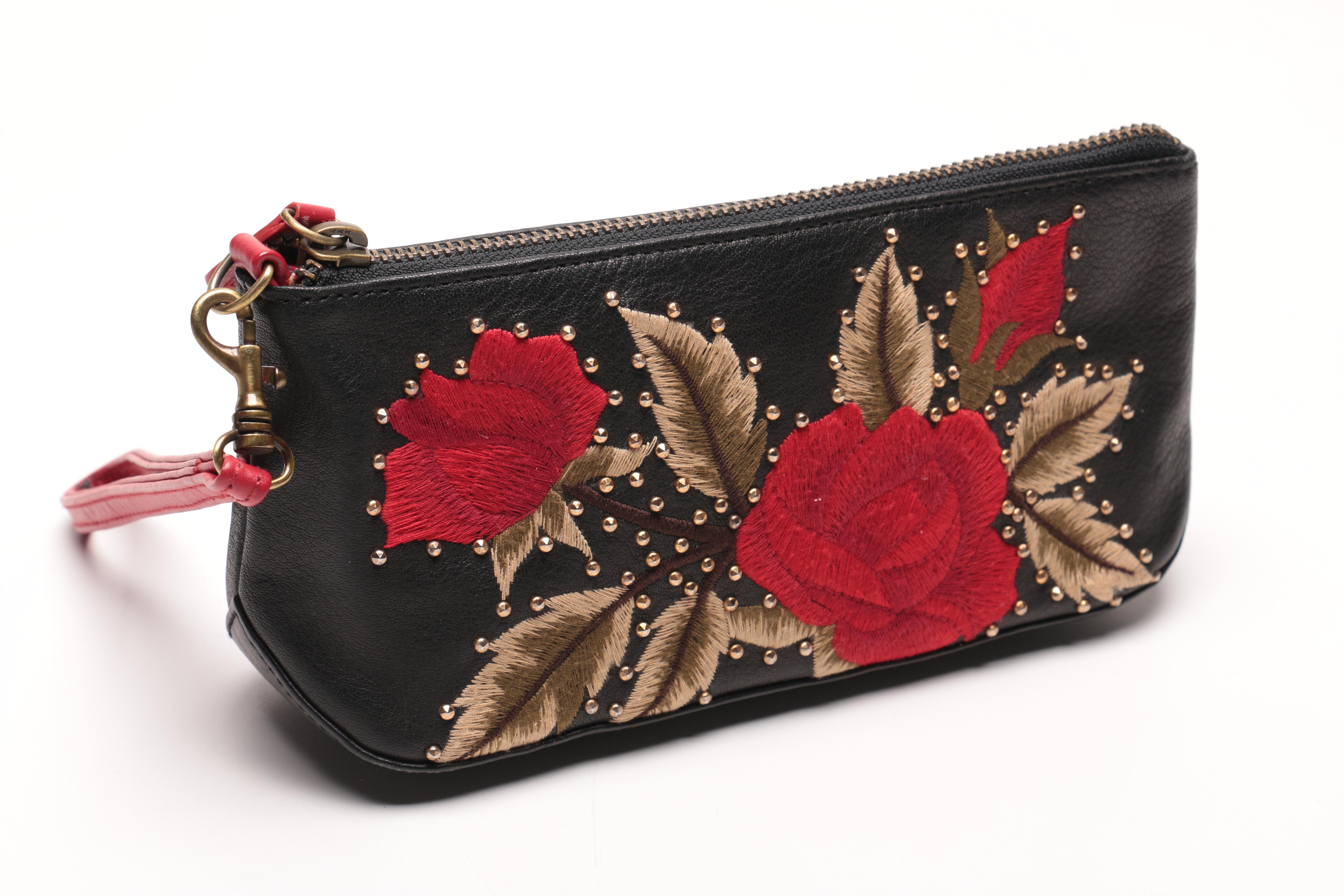 Isabella Fiore Wristlet With Leather Rose Embroidery