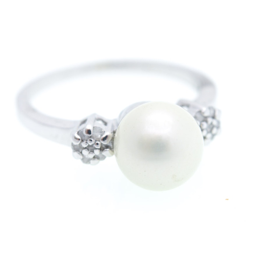 Sterling Silver Diamond Imitation Pearl Ring