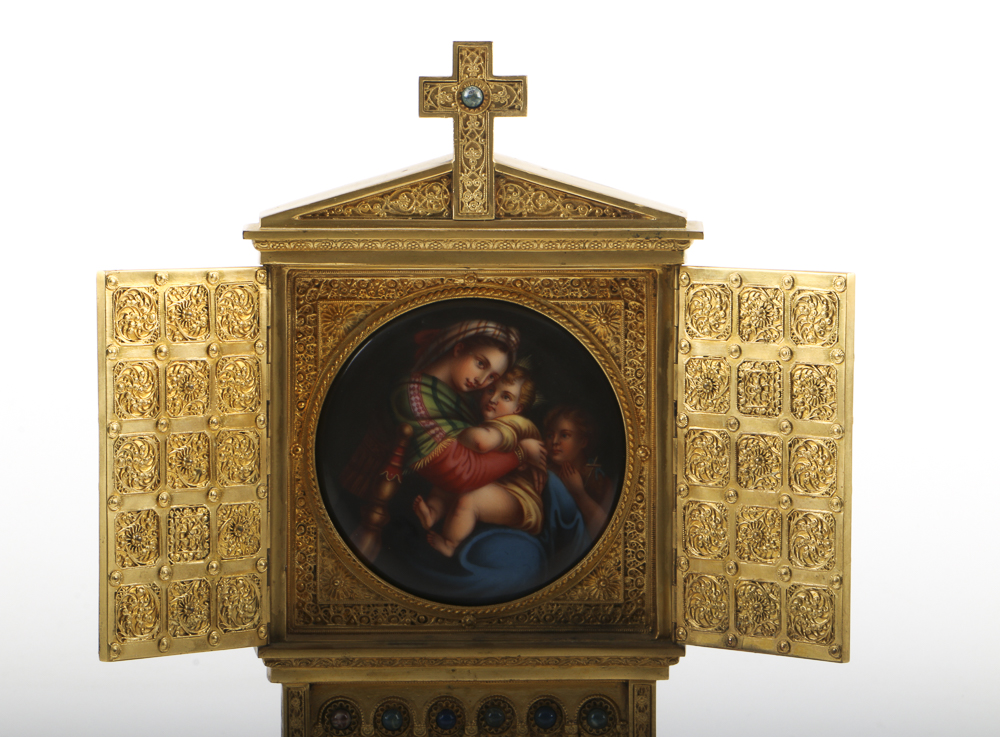 Antique Cast Brass Shrine with Porcelain Madonna and Child Plaque