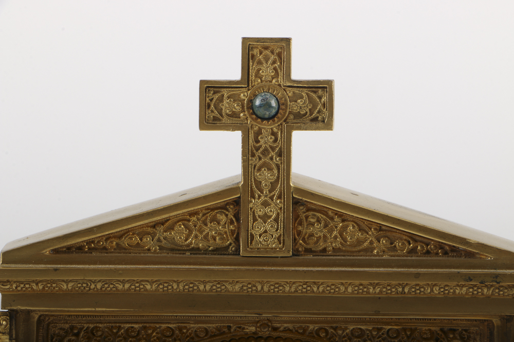 Antique Cast Brass Shrine with Porcelain Madonna and Child Plaque