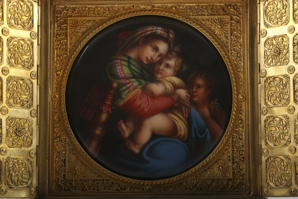 Antique Cast Brass Shrine with Porcelain Madonna and Child Plaque