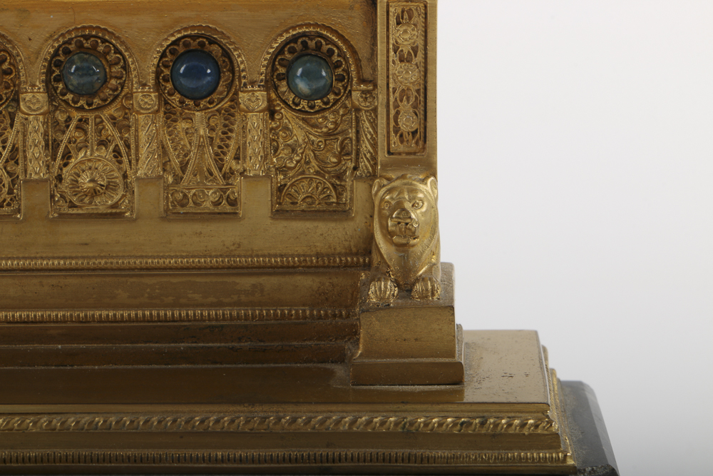 Antique Cast Brass Shrine with Porcelain Madonna and Child Plaque