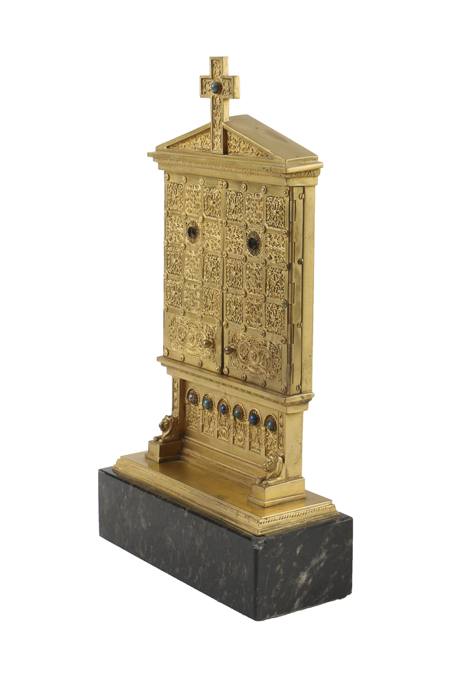 Antique Cast Brass Shrine with Porcelain Madonna and Child Plaque