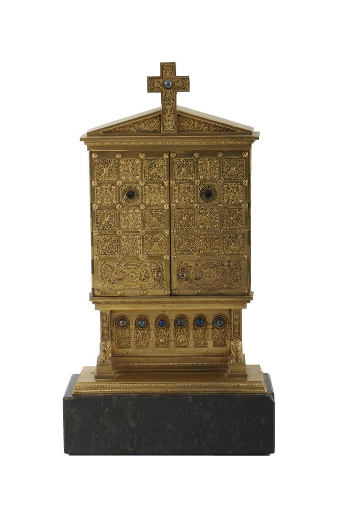 Antique Cast Brass Shrine with Porcelain Madonna and Child Plaque