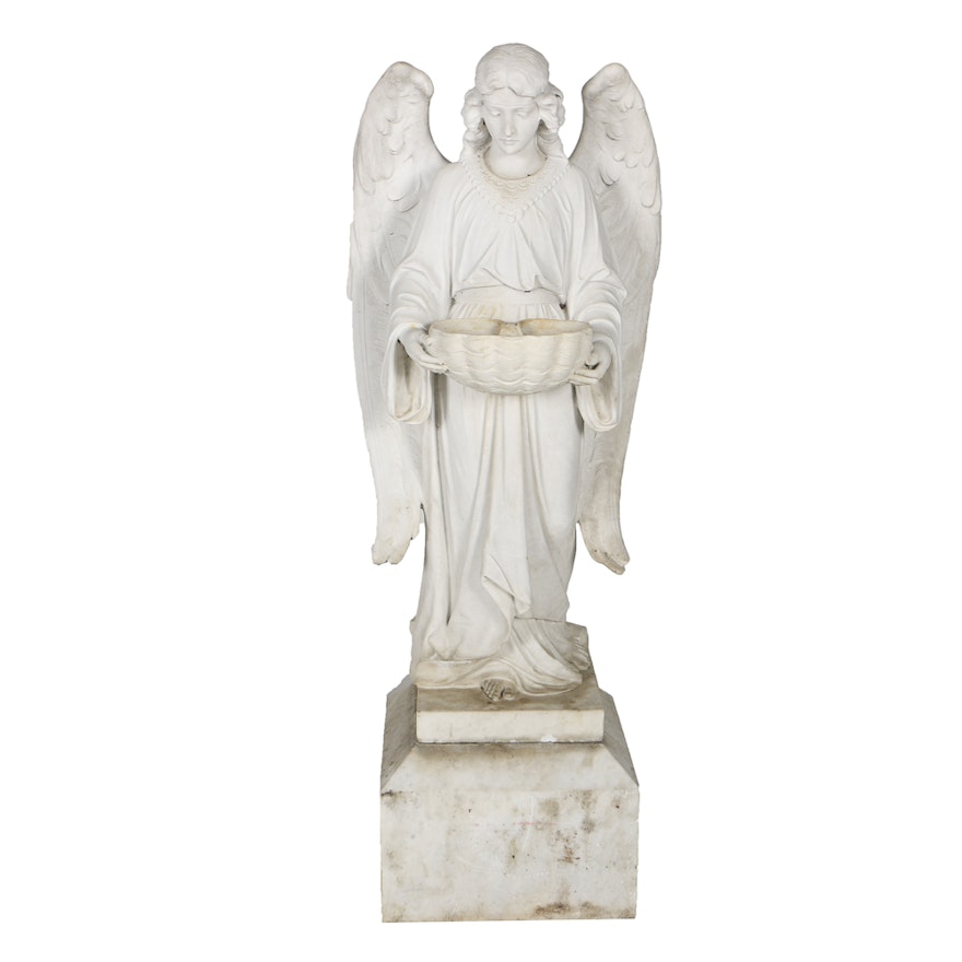 Early 20th Century Angel Carved Marble Holy Water Font