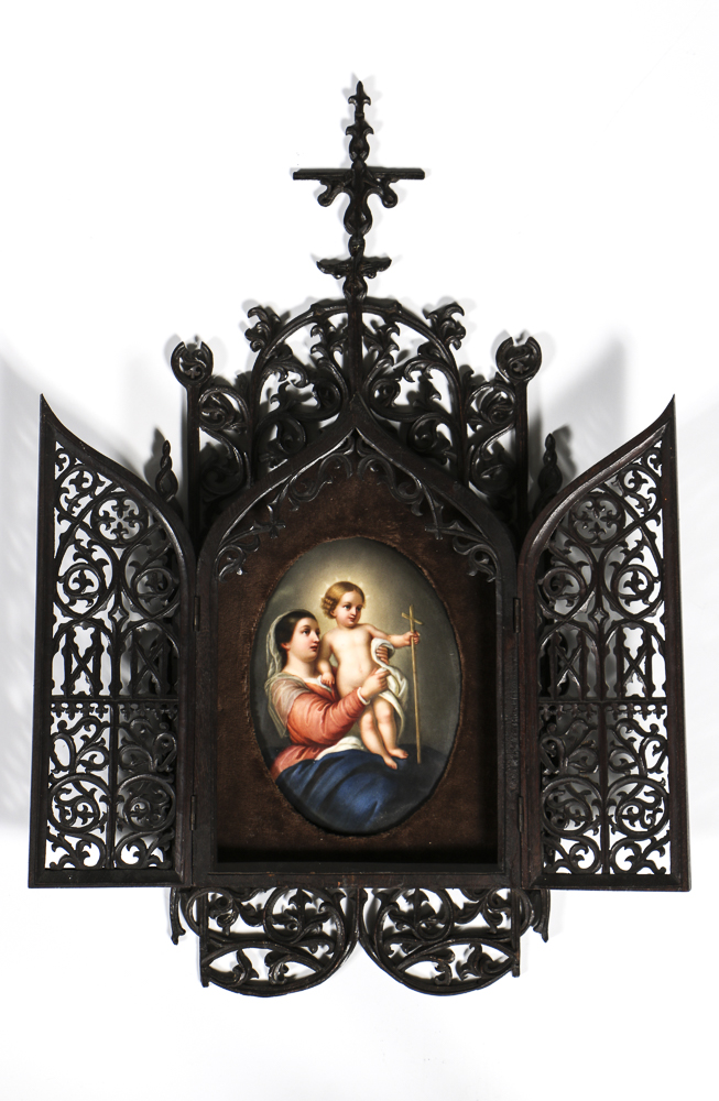 Late 19th Century Porcelain of Madonna and Child in Gothic Frame