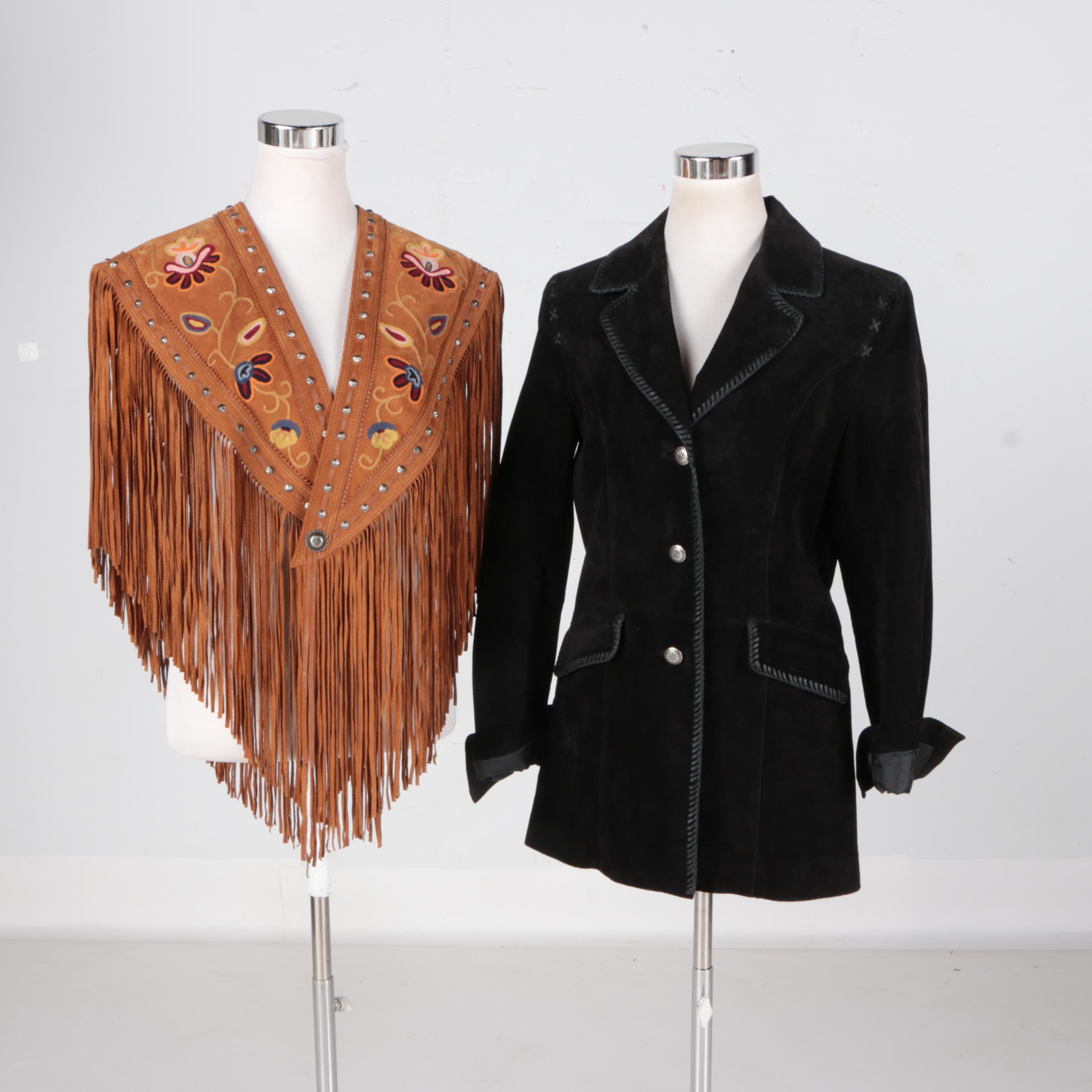Black Suede Jacket and Tan Suede Embroidered Shawl by Cripple Creek