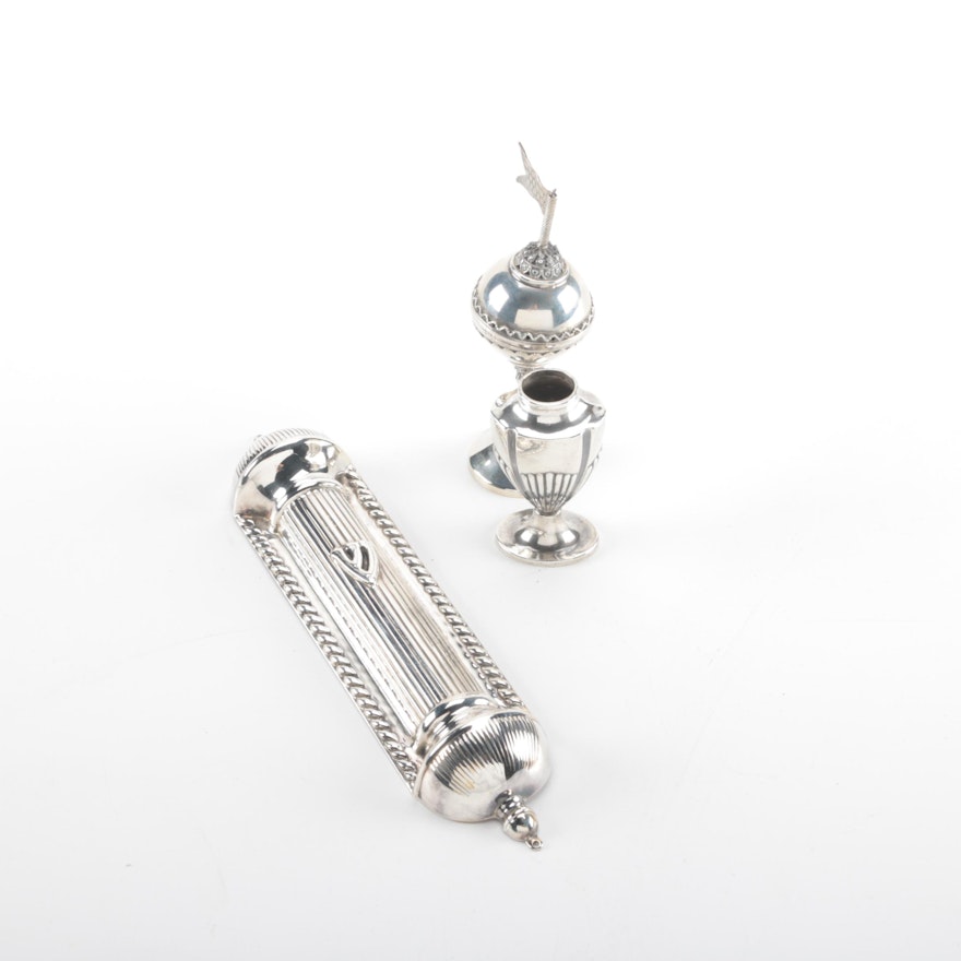 Hazorfim Sterling Silver Mezuzah and Sterling Havdalah Spice Holders