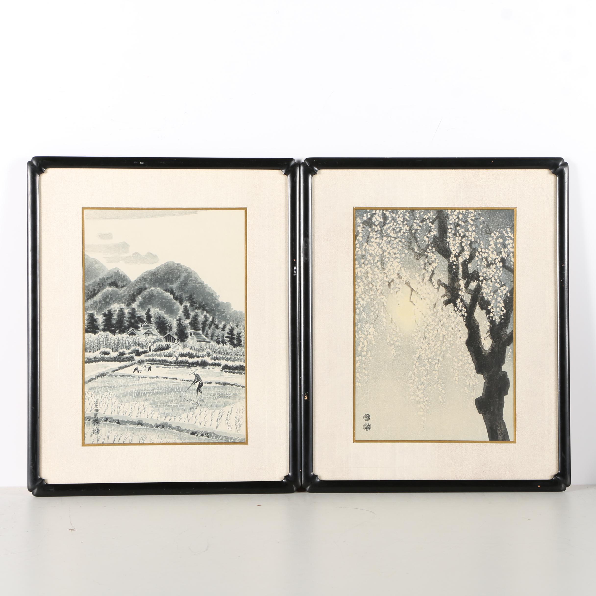 Kotozuka Eiichi Woodblock Prints "Dropping Cherry Blossoms" and "Countryside scene of Northern Kyoto"