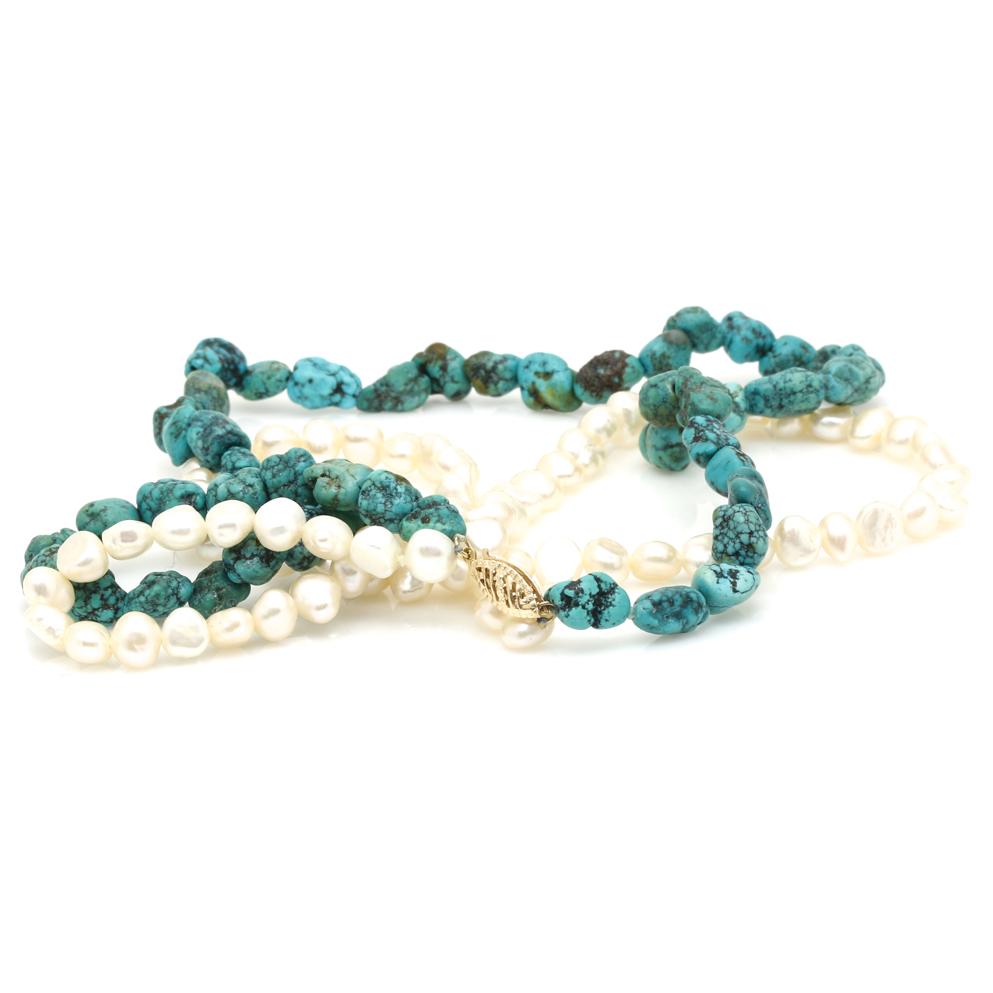 Cultured Freshwater Pearl and Turquoise Double Strand Necklace with 14K Yellow Gold Clasp