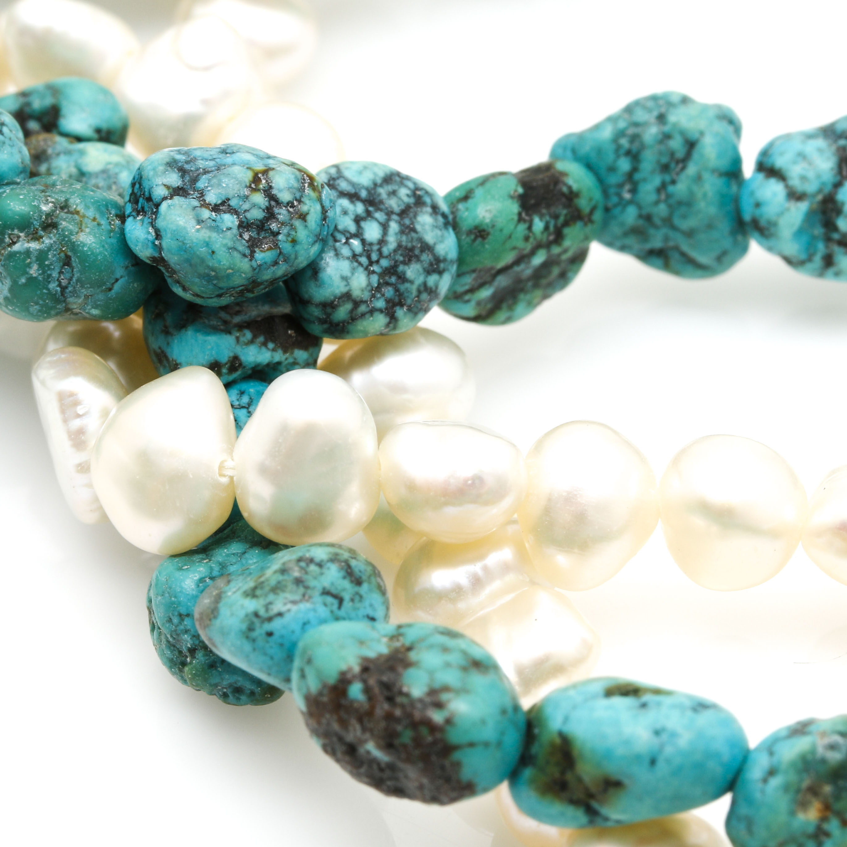 Cultured Freshwater Pearl and Turquoise Double Strand Necklace with 14K Yellow Gold Clasp