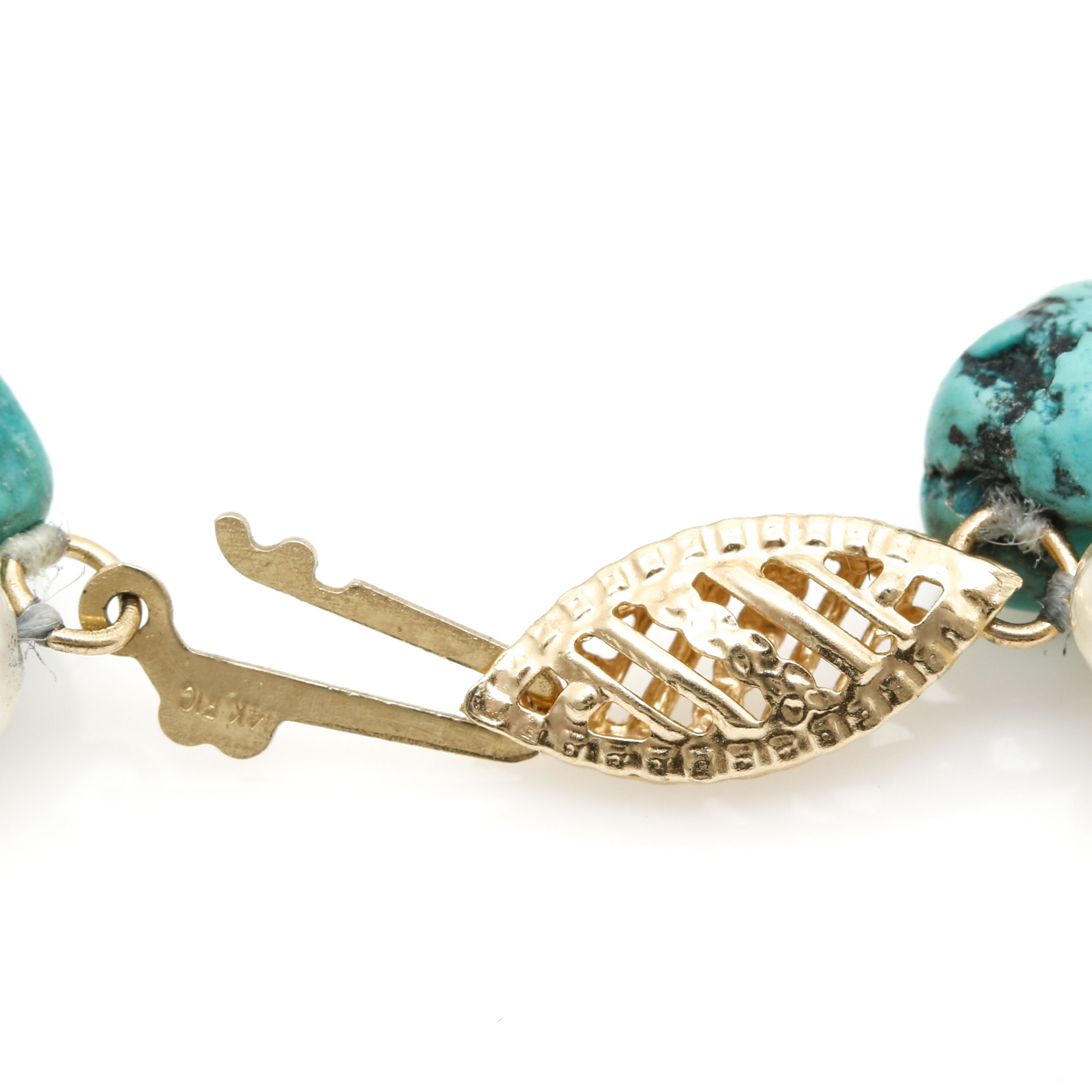 Cultured Freshwater Pearl and Turquoise Double Strand Necklace with 14K Yellow Gold Clasp