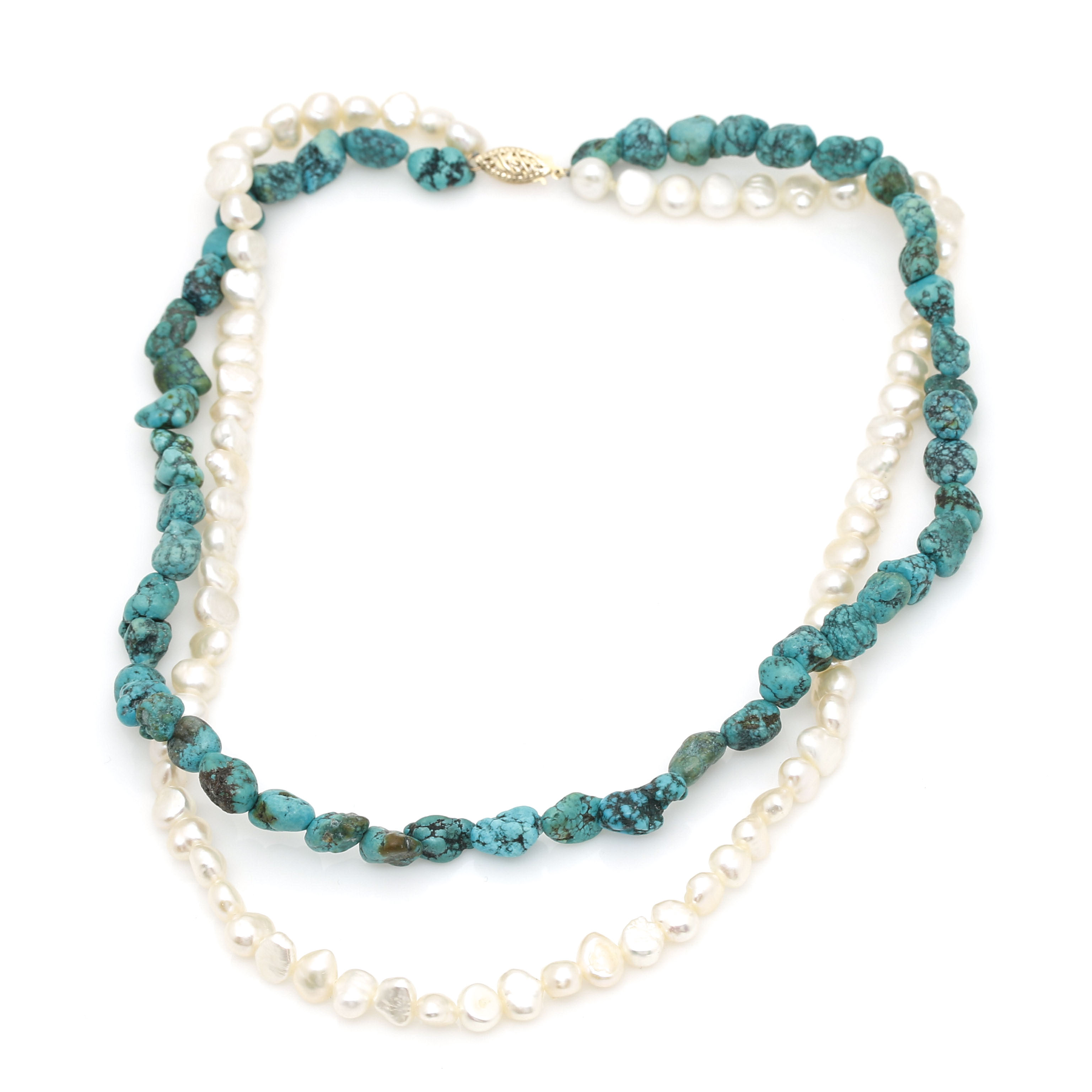 Cultured Freshwater Pearl and Turquoise Double Strand Necklace with 14K Yellow Gold Clasp