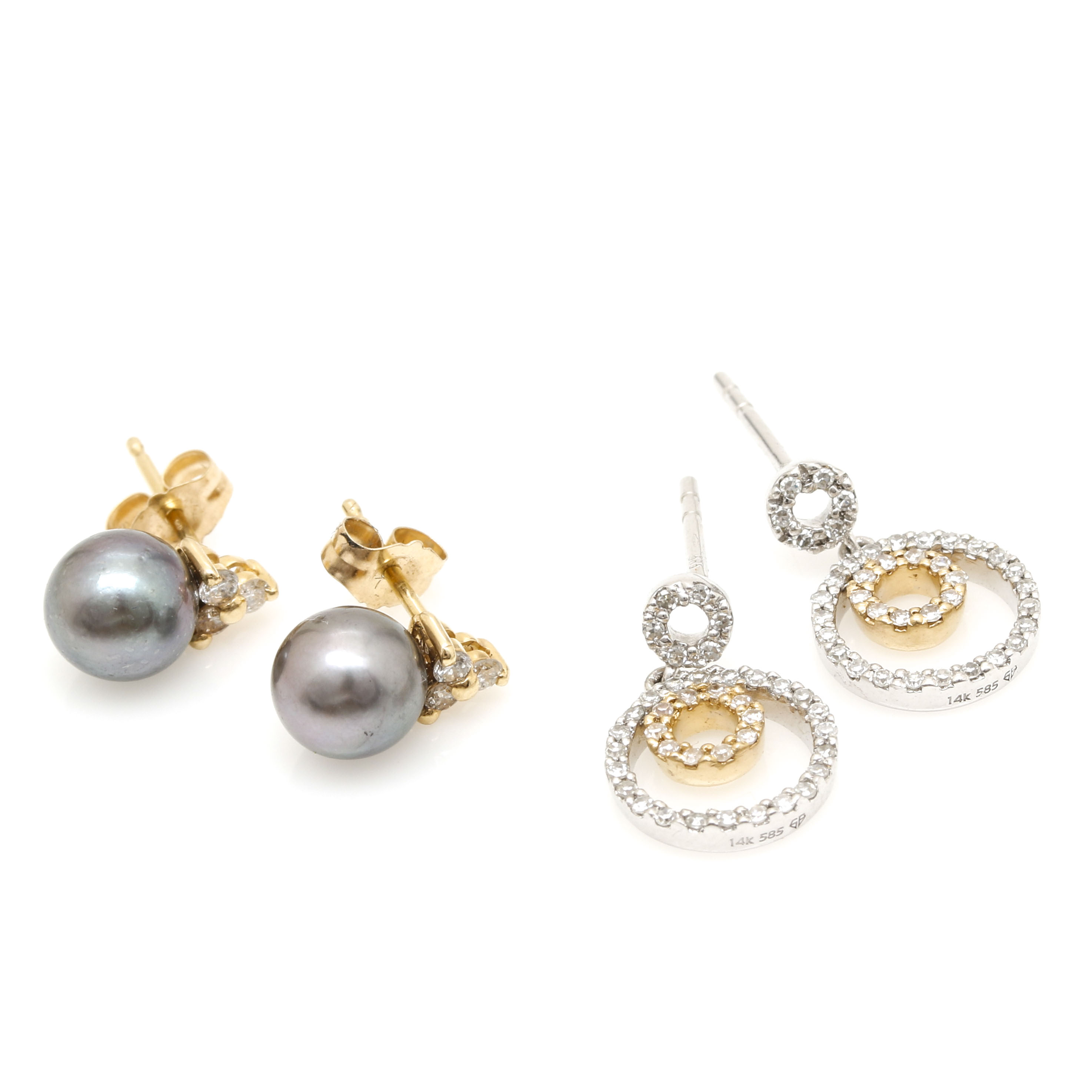 14K White and Yellow Gold Diamond and Pearl Earrings